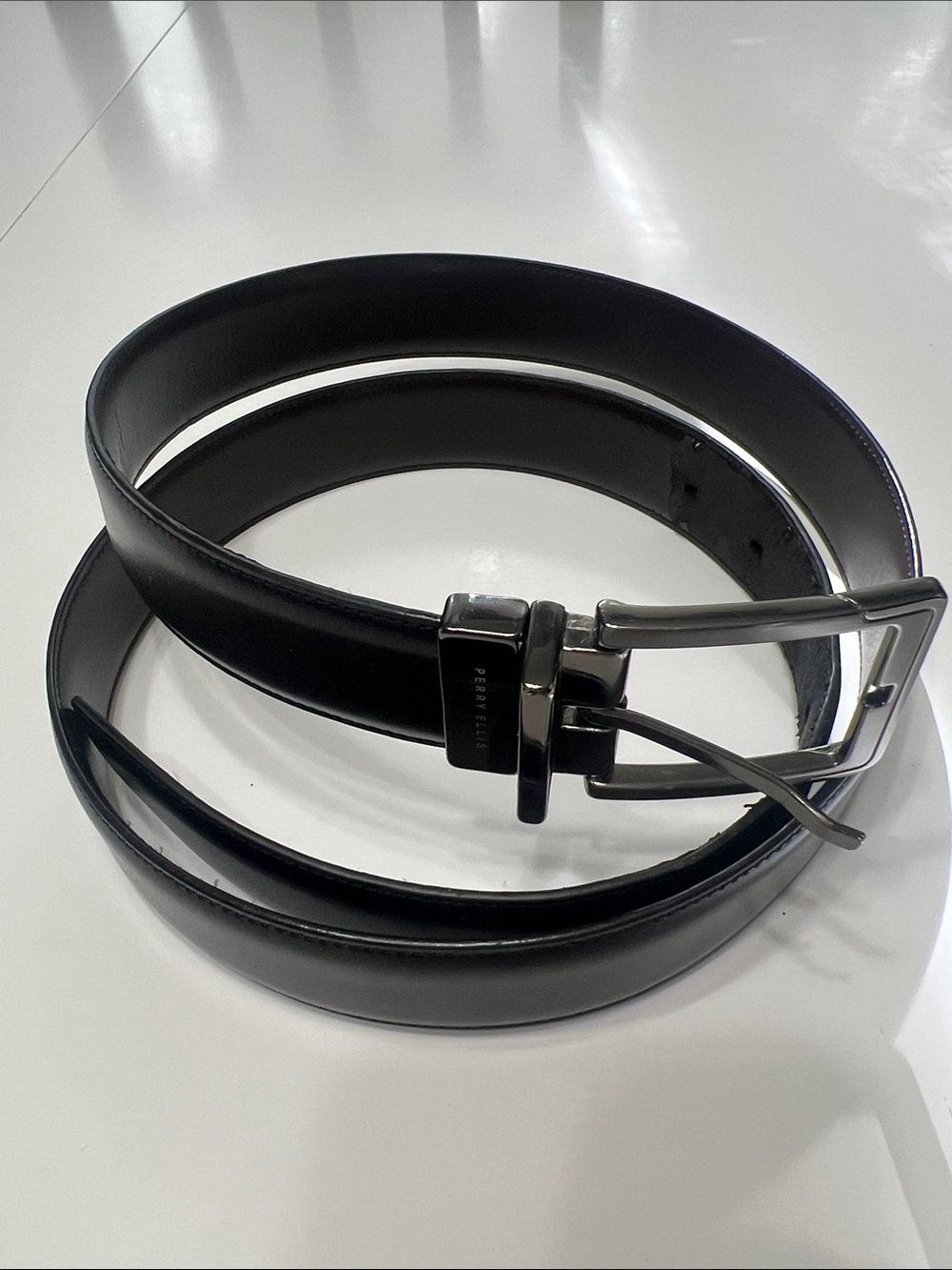 Perry Ellis Black Leather Belt with Polished Metal Buckle